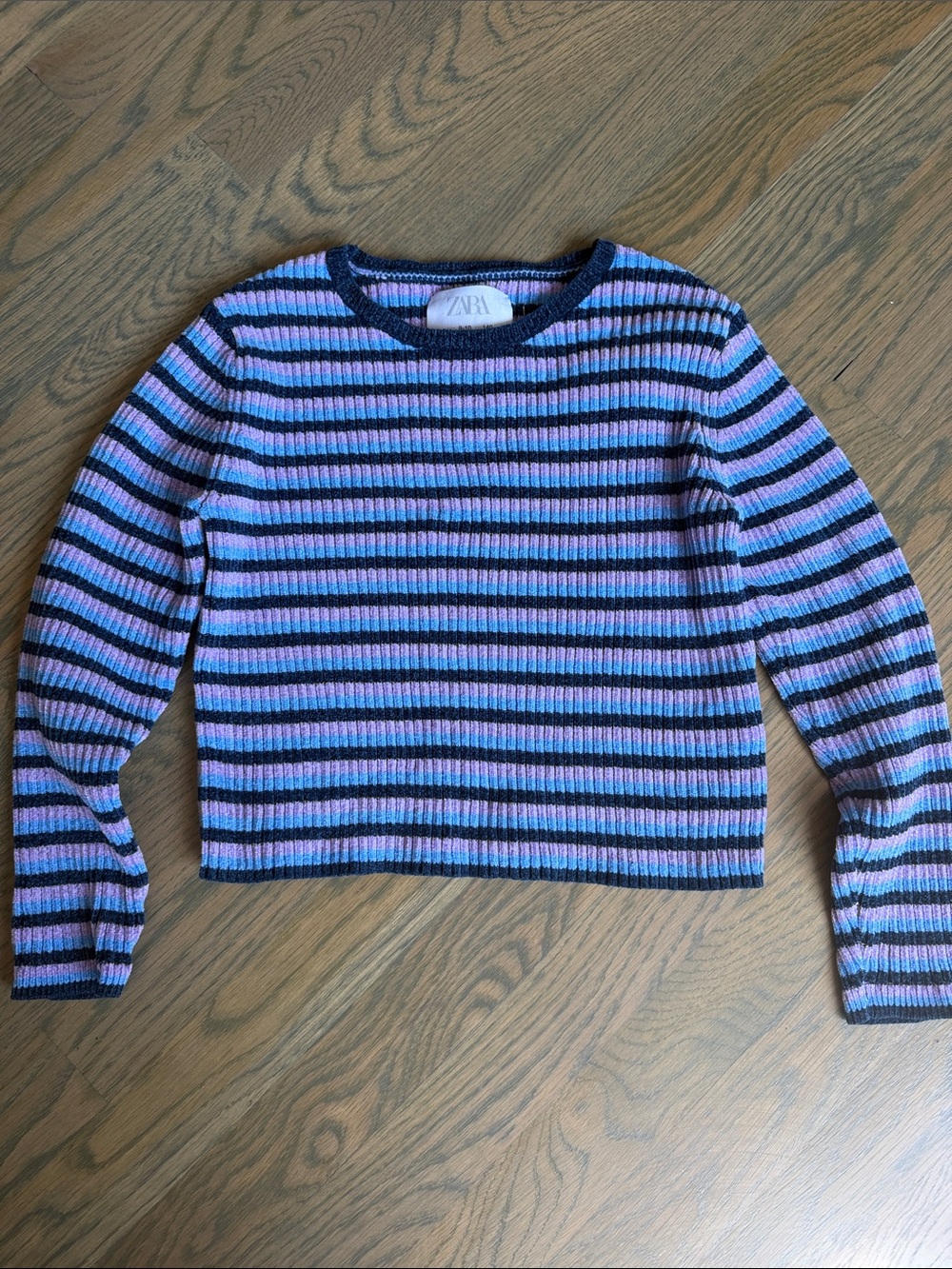 Zara Cropped Ribbed Crew Sweater in Pink and Black Stripes